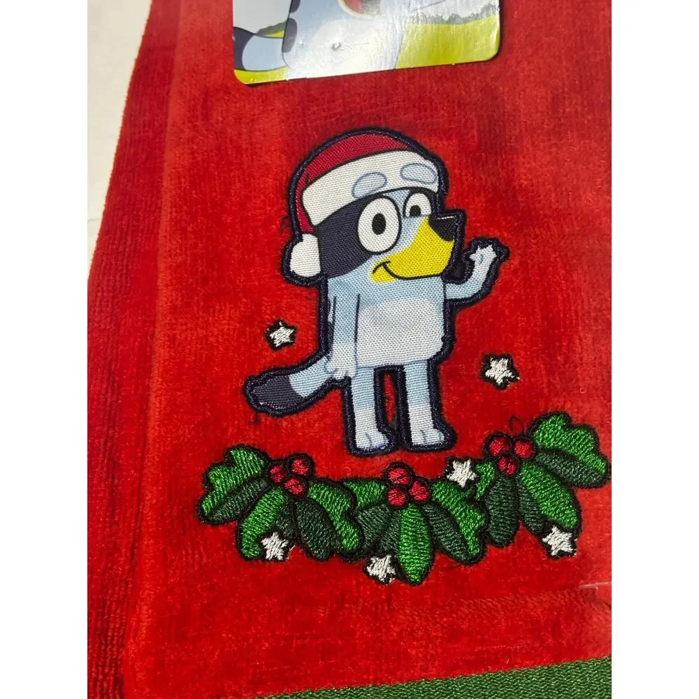 Bluey 2 pack red Christmas hand towels terry cloth nwt Santa hat Holly branches